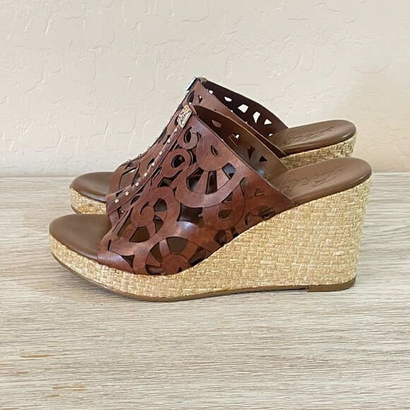 Brighton Sandals 6 Daria Brown Leather Silver Charm Woven Platform Wedge Slide - Picture 2 of 11